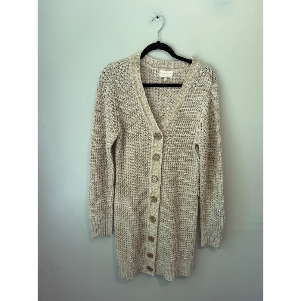 Bobbie Brooks Womens Longline Button Front Cardigan Sweater Beige Marled Large